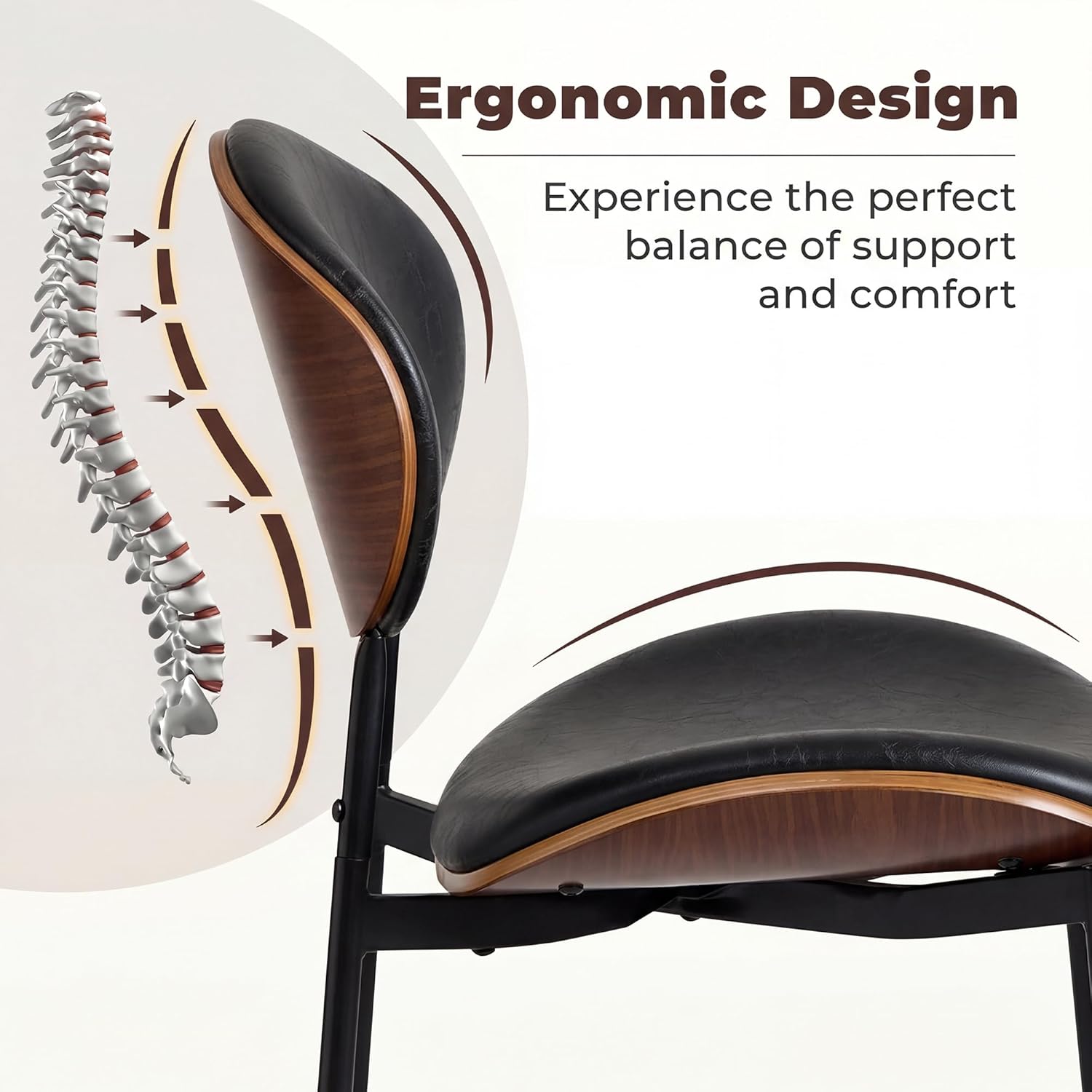BedsPick Mid-Century Modern Dining Chairs Set of 2, PU Leather Upholstered Dining Room Chairs with Walnut Grain Back, Bentwood Kitchen Chairs with Adjustable Feetpads for Dining Room, Kitchen, Black