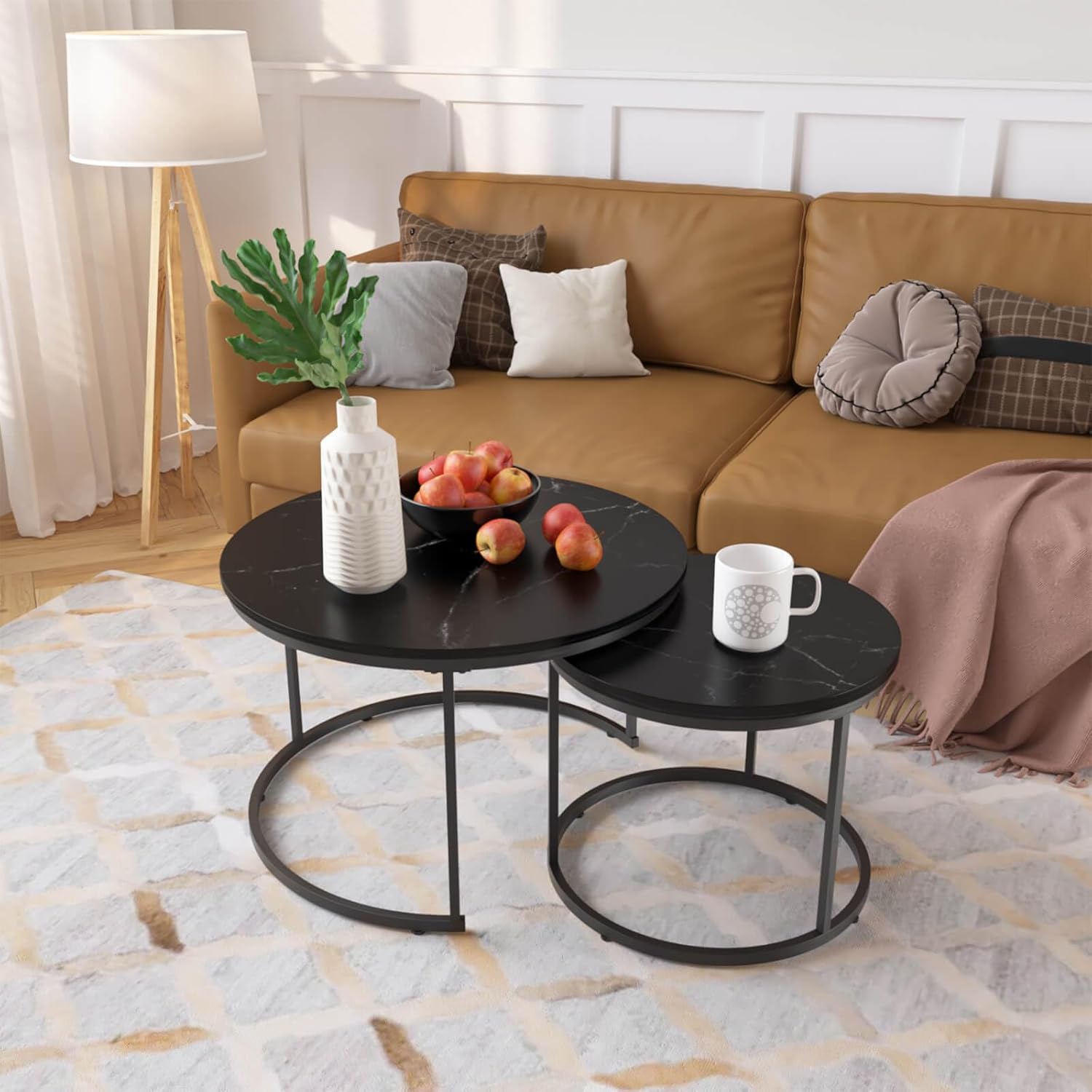 Nesting Coffee Table Set of 2, Round Nesting Tables with Marble-Look Top and Metal Frame, Modern Coffee Table Set for Small Spaces, Stackable Side End Tables for Living Room Bedroom etc. (B)