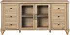 WAMPAT Farmhouse Sideboard Buffet Cabinet with Glass Door & Adjustable Shelf, Wooden Coffee Bar Table with Solid Wood Leg, Kitchen Storage Cabinet for Dining Room, Oak, 58 Inch