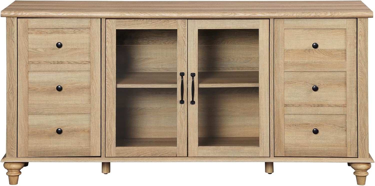 WAMPAT Farmhouse Sideboard Buffet Cabinet with Glass Door & Adjustable Shelf, Wooden Coffee Bar Table with Solid Wood Leg, Kitchen Storage Cabinet for Dining Room, Oak, 58 Inch