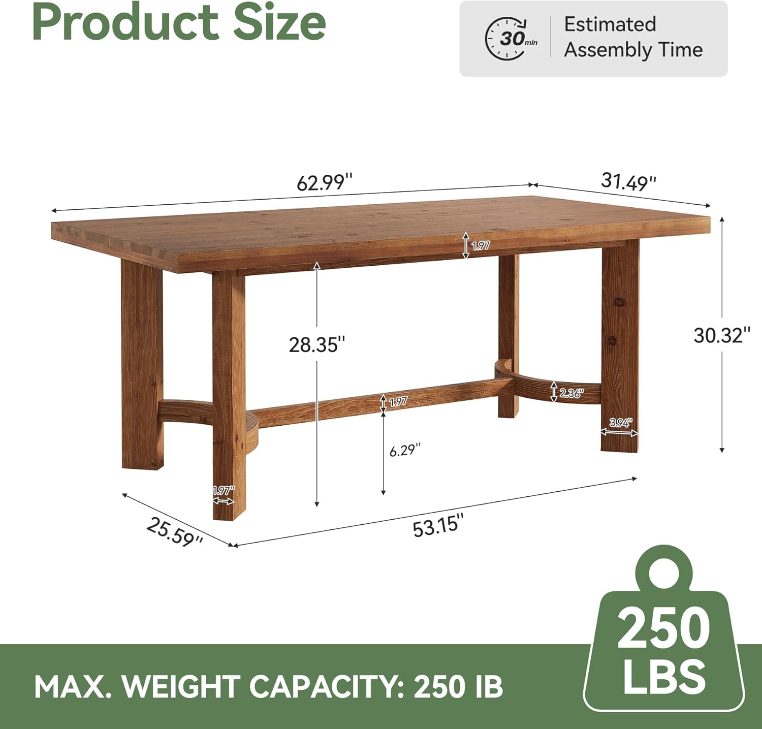 63" Solid Wood Dining Table for 4-6, Farmhouse Rectangle Kitchen Table with Thicken Tabletop and Sturdy Construction, Modern Wooden Dinner Table for Dining Room, Kitchen, Walnut