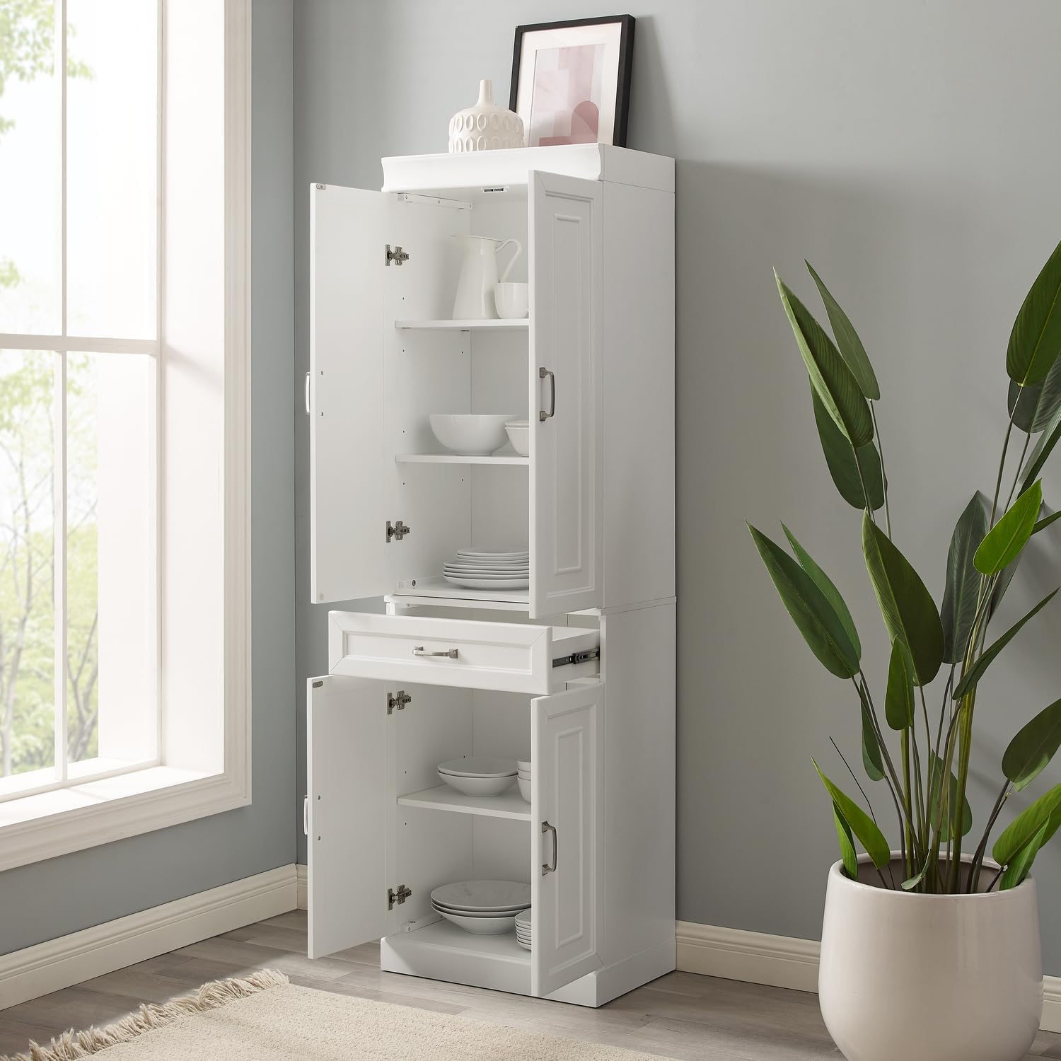 Maykoosh White Kitchen Pantry Cabinet - Adjustable Shelves & Full Extension Drawer