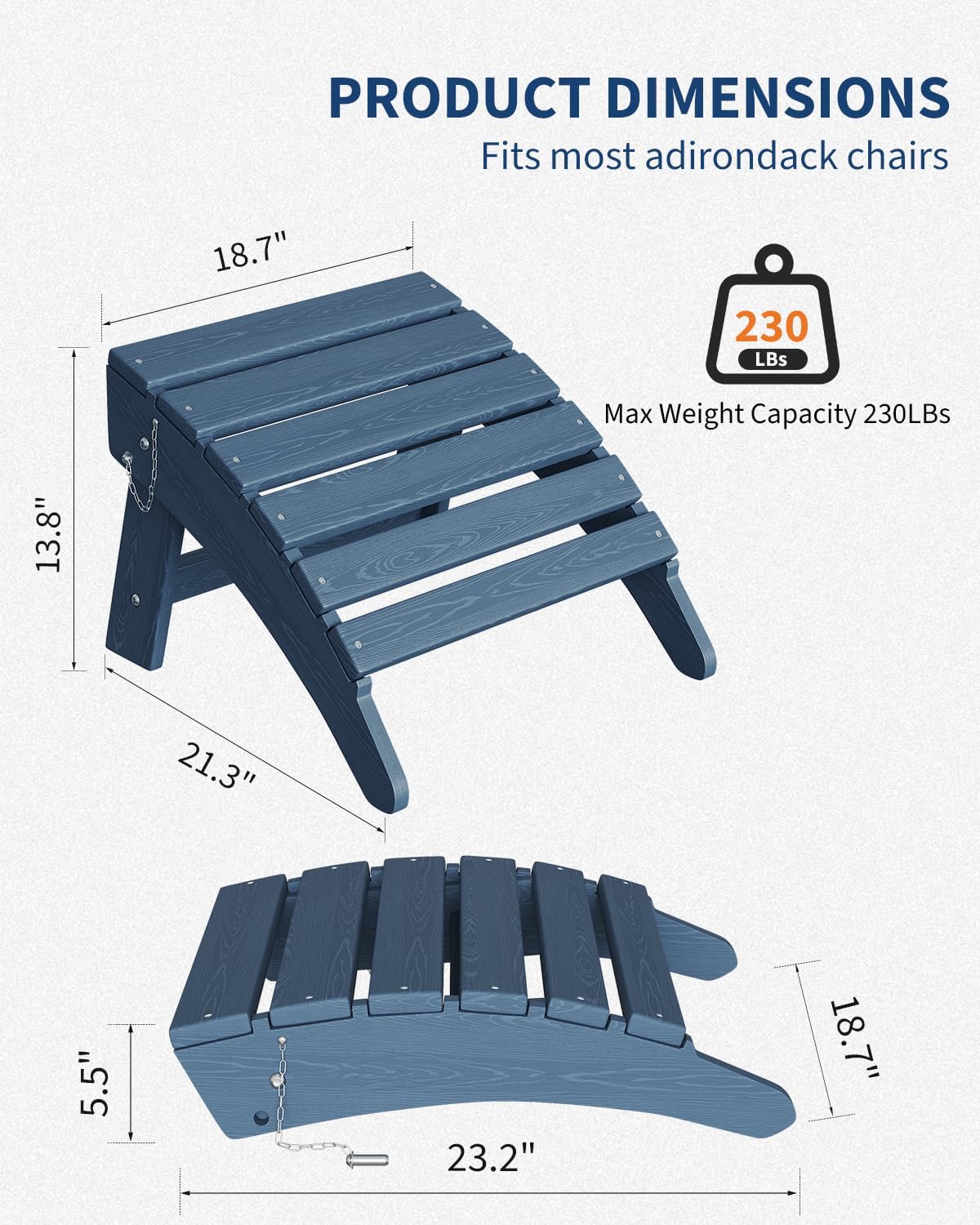 Garvee Folding Adirondack Ottoman, HDPE Outdoor Footrest for Adirondack Chair, All-Weather Resistant for Deck Backyard Patio Outside Poolside Porch Lawn - Navy Blue