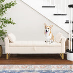 66" King Size Storage Bench for Bedroom End of Bed Benches with Storage | Bedroom Benches for Foot of Bed King with Gold Legs,2 Pillows,Storage Ottoman Bench for Bedroom,Entryway Teddy Ivory White