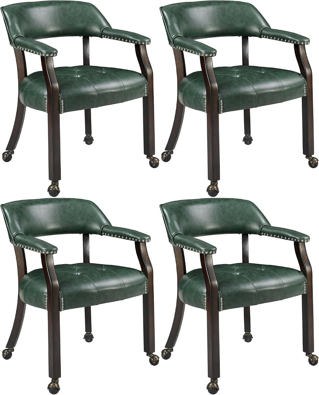 LEEMTORIG Set of 4 Large Dining Chairs with Casters and Arms, Rolling Dining Chairs with Wheels, Game Poker Chairs, Boss Caption's Chairs, 26" Dx25.2 Wx31.5 H, Espresso Legs & Green PU, XXY-1910-GN