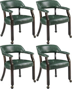 LEEMTORIG Set of 4 Large Dining Chairs with Casters and Arms, Rolling Dining Chairs with Wheels, Game Poker Chairs, Boss Caption's Chairs, 26" Dx25.2 Wx31.5 H, Espresso Legs & Green PU, XXY-1910-GN