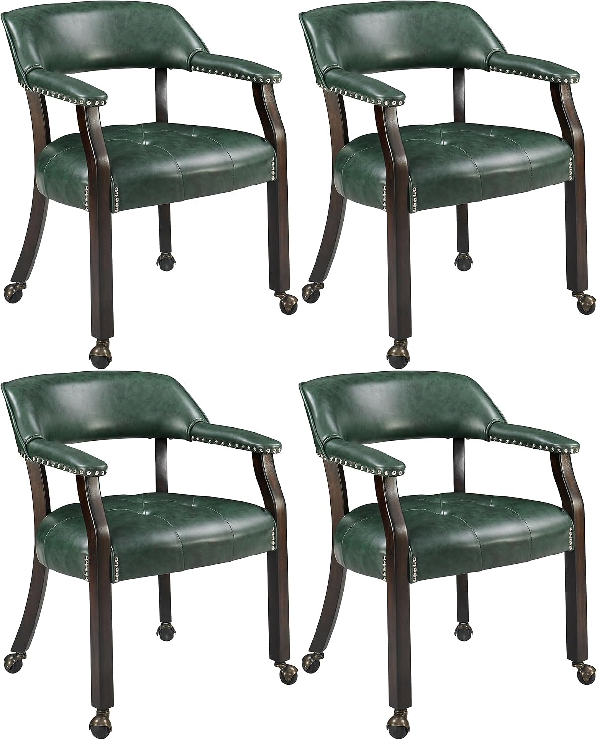 LEEMTORIG Set of 4 Large Dining Chairs with Casters and Arms, Rolling Dining Chairs with Wheels, Game Poker Chairs, Boss Caption's Chairs, 26" Dx25.2 Wx31.5 H, Espresso Legs & Green PU, XXY-1910-GN