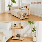 Uniclinens Rolling Side Table Desk Sofa - C Shape Couch End Table with Wheels, Mobile Wooden Slim Sofa Tray, Movable Small Couch Desk for Living Room Bedroom, Natural