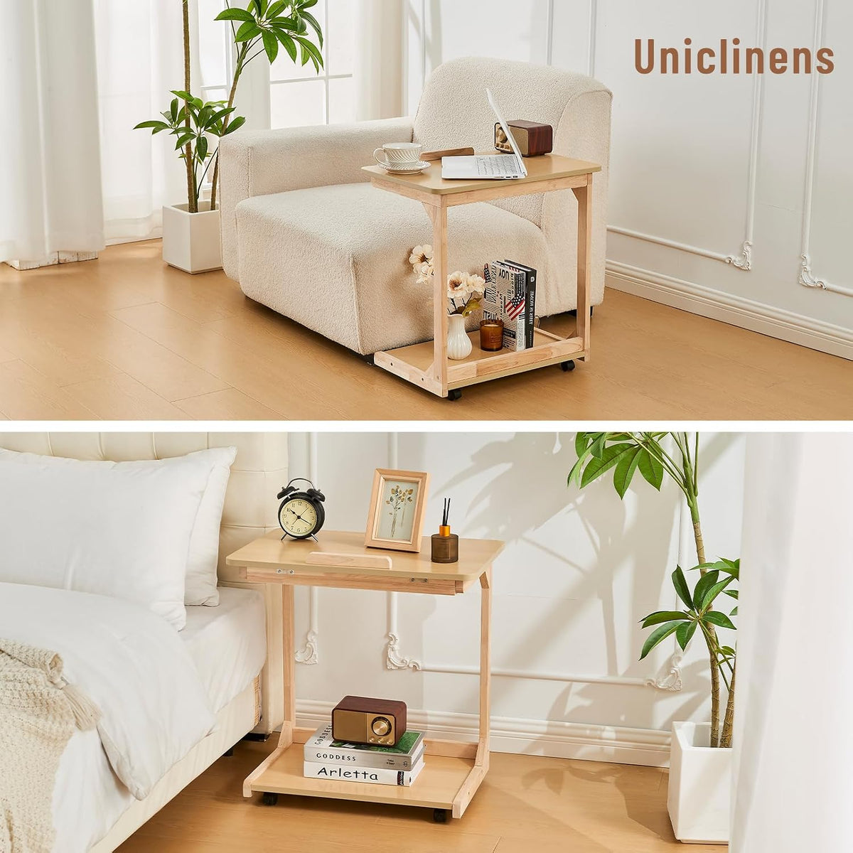 Uniclinens Rolling Side Table Desk Sofa - C Shape Couch End Table with Wheels, Mobile Wooden Slim Sofa Tray, Movable Small Couch Desk for Living Room Bedroom, Natural