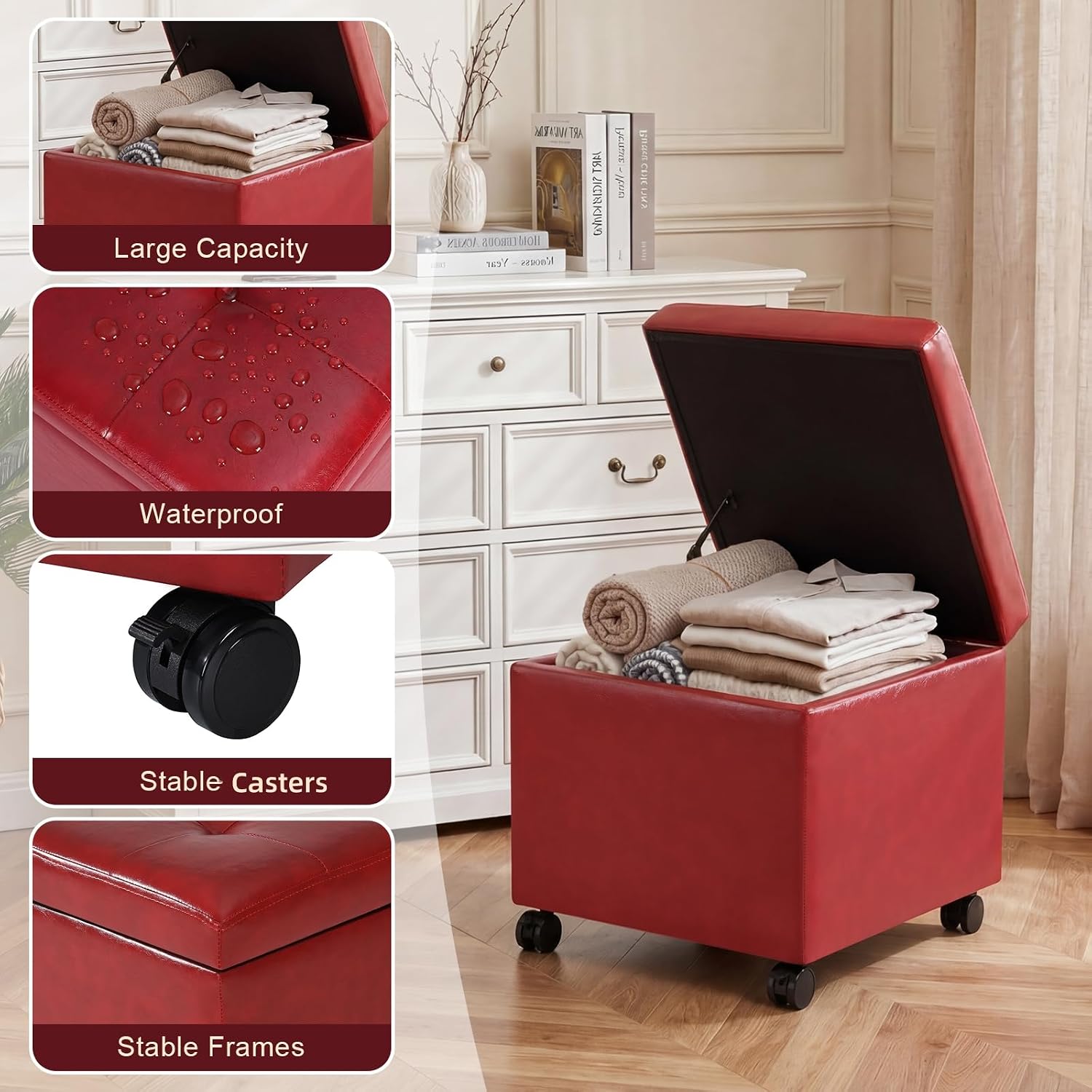 Homebeez Storage Ottoman with Rolling Wheels, PU Leather Tufted Cube Footrest with Casters, 17.7" Square Tufted Distressed Ottomans for Living Room,Bedroom, 300lb Capacity