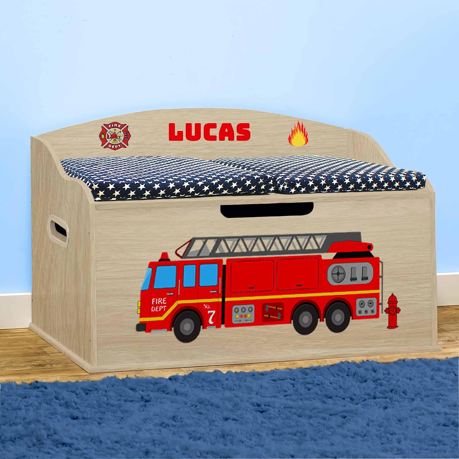 DIBSIES Personalized Creative Wonders Toy Box, Firetruck, 30 x 19.25 x 18 inches, Soft-Close Lid (Natural)