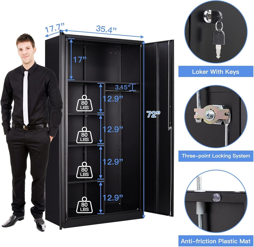 Yizosh Metal Armoire Wardrobe Closet Cabinet for Hanging Clothes with Lock Doors, -72" Steel Lockable Wardrobe Storage Locker Clothes Organizer for Bedroom, Laundry Room (Black)