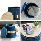 YYW HOME Blue Round Ottoman with Storage Set of 2 Vanity Stool Foot Rest with Removable Lid Blue Velvet Storage Ottoman Stool for Living Room and Dorm (Gold and Blue)