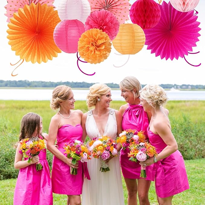 Pink-Orange Fall Party-Decorations Paper-Flowers Lanterns - 20PCS Autumn Wedding Birthday Tissue Pom Poms Streamers Fans Honeycomb, Groovy Boho Baby Shower Rustic Hanging Supplies Decor Burgleda