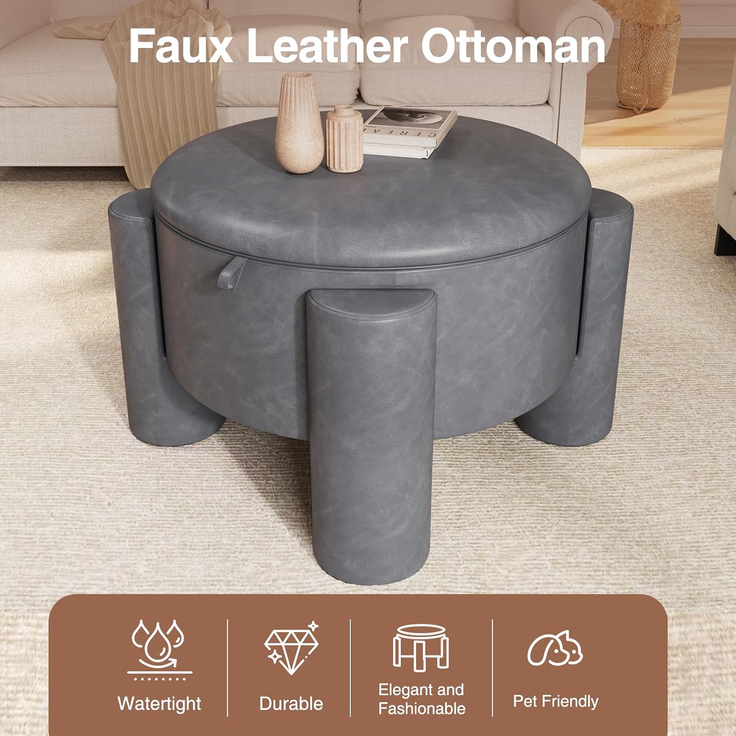 FiveWillowise 24 Inch Round Small Ottoman with Storage,Faux Leather | 24" Coffee Table,Storage Ottomans with Removable Top,Upholstered Vanity Stool for Small Spaces,Living Room,Apartment,Grey