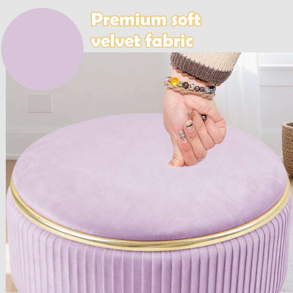 Adjustable Vanity Stool, Velvet Makeup Stool with Storage Purple | Small Vanity Chair, 360° Swivel Round Ottoman with Gold Base for Living Room, Bedroom