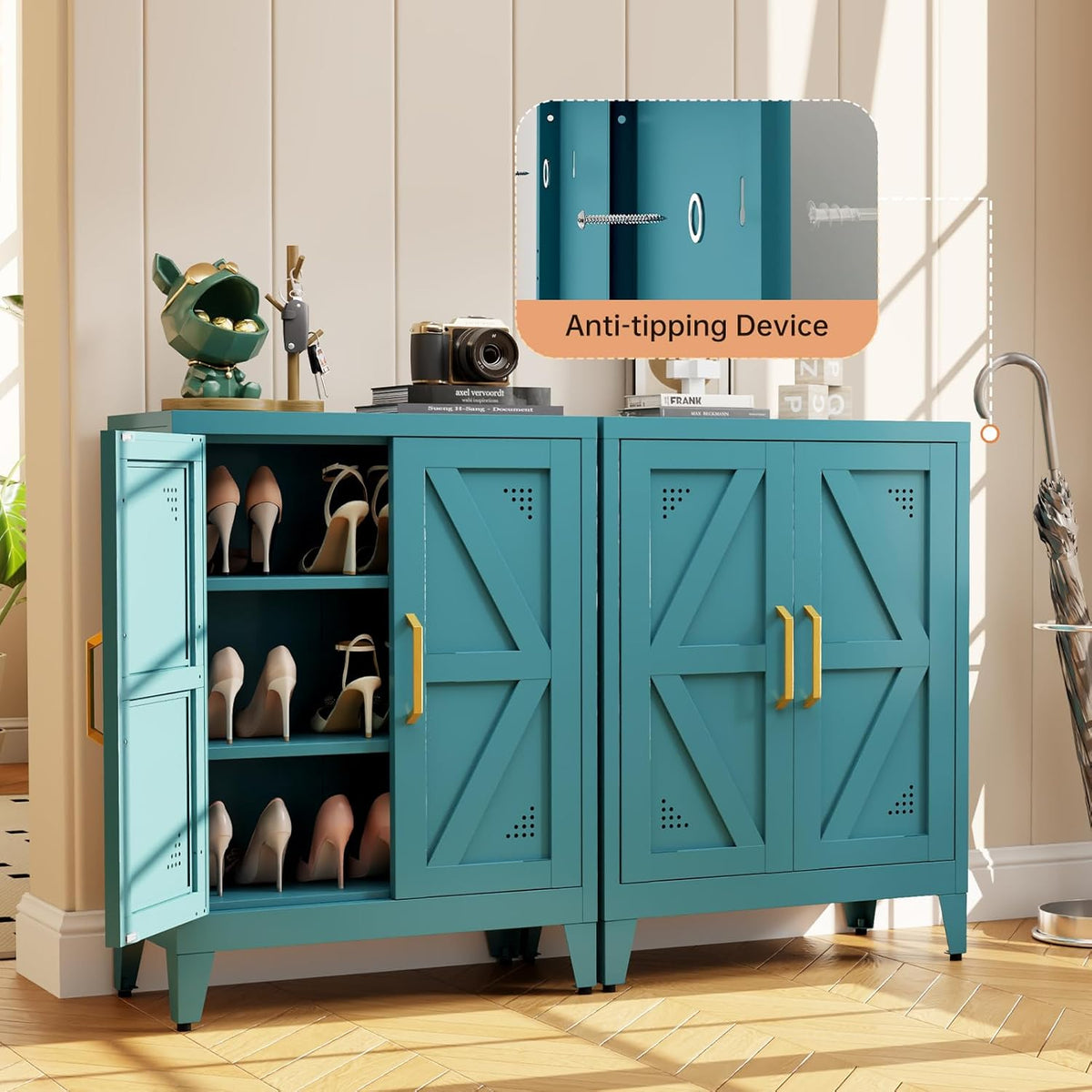 32" Metal Kitchen Pantry Cabinet,Floor Bathroom Storage Cabinet with 2 Adjustable Shelves,Freestanding Sideboard for Small Spaces, Living Room, Hallway, Dining Room,Blue