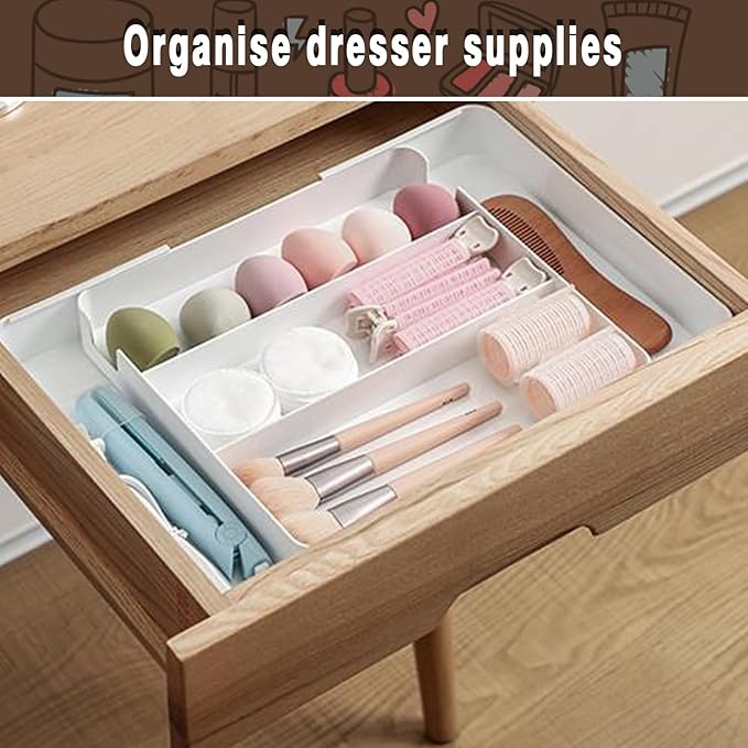Expandable cutlery drawer organizer, silverware drawer organizer, freely adjustable large kitchen utensil tray with partitions, large adjustable plastic cutlery tray for knives, forks, spoons, white