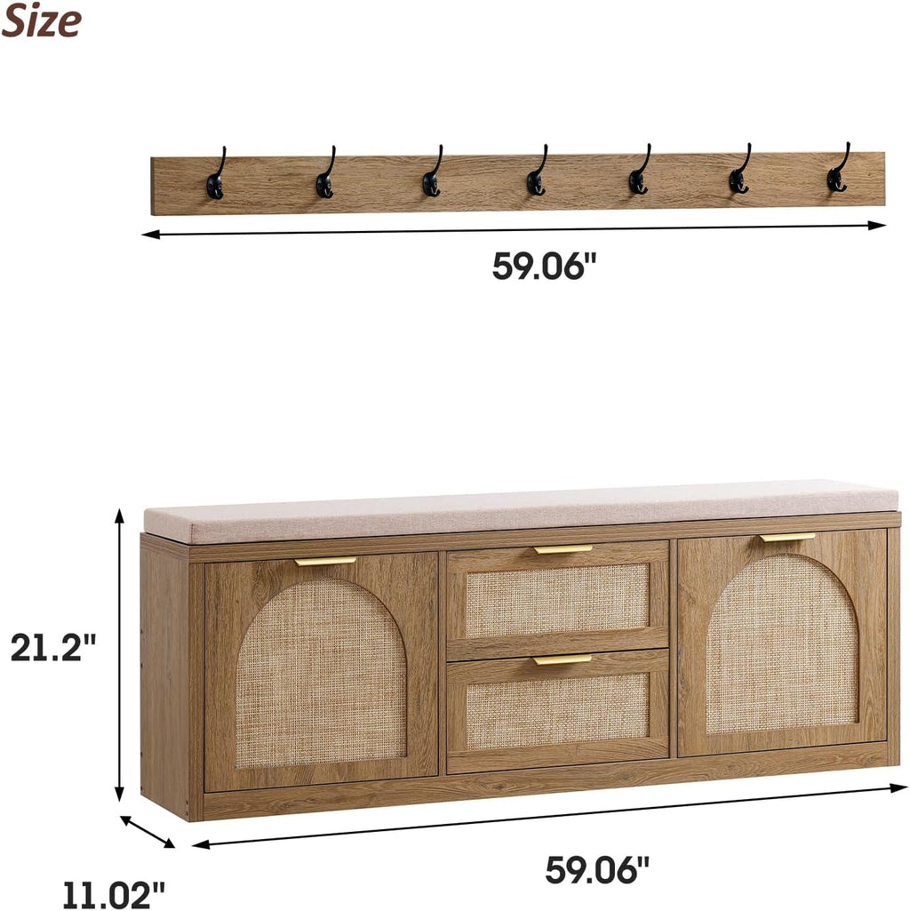 Rattan Narrow Entryway Bench with Shoe Storage, 4 Drawers & Coat Rack, Mid-Century Modern Wood Shoe Cabinet with Seat Cushion for Foyer/Hallway (Rustic Oak Rattan)