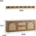 Rattan Narrow Entryway Bench with Shoe Storage, 4 Drawers & Coat Rack, Mid-Century Modern Wood Shoe Cabinet with Seat Cushion for Foyer/Hallway (Rustic Oak Rattan)