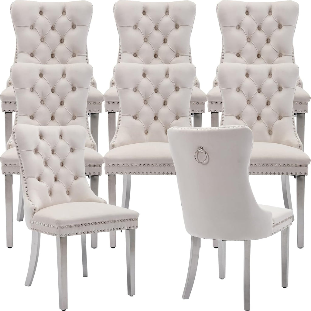 ODUSE-DAILY Velvet Dining Chairs Set of 8, Kitchen & Dining Room Chairs Set of 8, Tufted Dining Chairs, Velvet Upholstered, Chrome Metal Legs (Beige, 8Pcs)