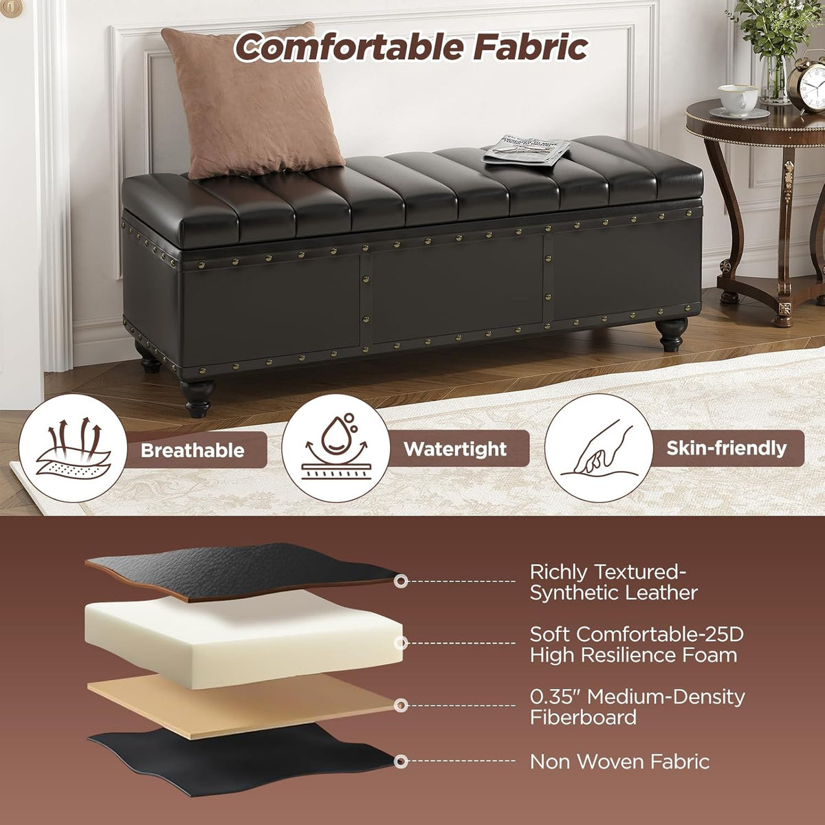 Maupvit Storage Ottoman Bench, Faux Leather Ottoman with Storage, Bench for Bedroom end of Bed, Upholstered Storage Benches for Living Room, Entryway, Hallway, Foot Rest, Black