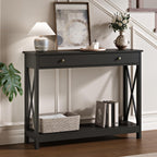 Treocho Black Console Table with Drawer and Storage Shelves, Foyer Sofa Table Narrow for Entryway, Living Room, Hallway | Entryway, Living Room, Hallway, Antique, Black
