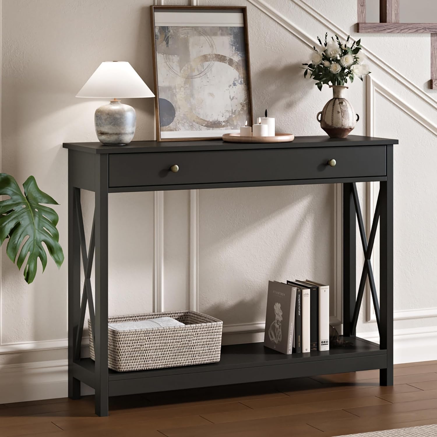 Treocho Black Console Table with Drawer and Storage Shelves, Foyer Sofa Table Narrow for Entryway, Living Room, Hallway | Entryway, Living Room, Hallway, Antique, Black