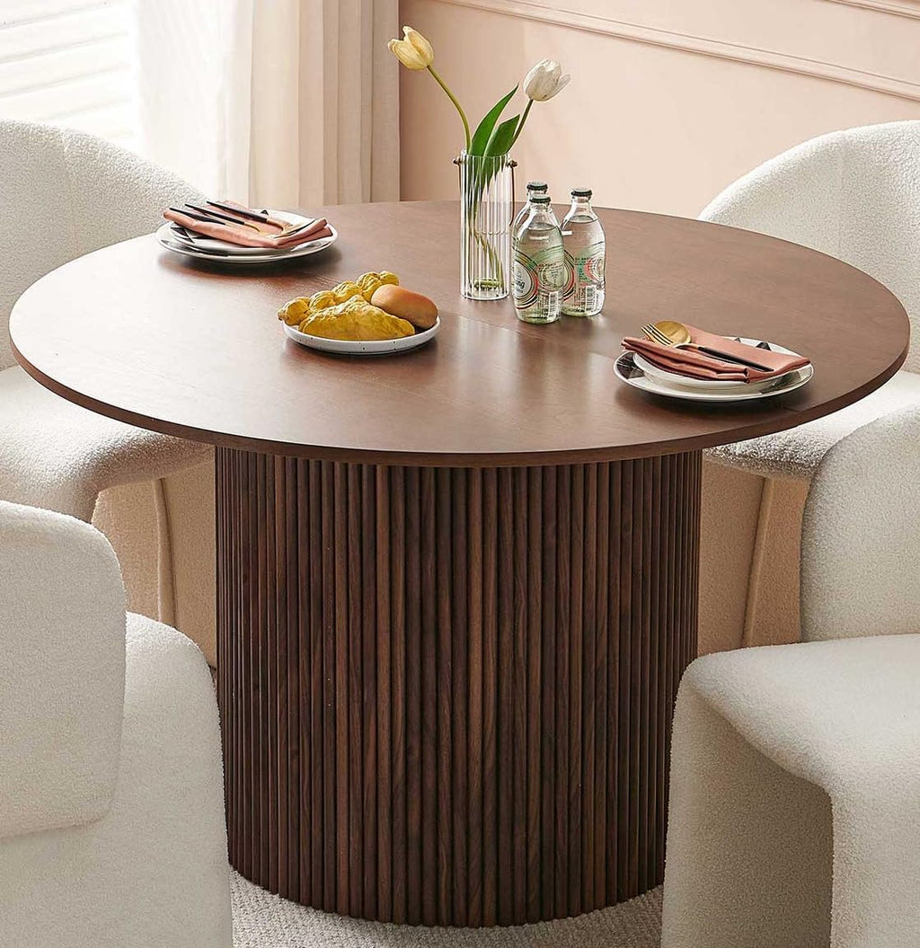 47" Round Dining Table for 4, Modern Farmhouse Kitchen Table, Walnut Wood Veneer Tabletop with Wood Strip Base, Kitchen & Dining Room Table