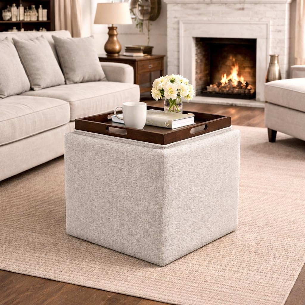 HomePop 17.5" Storage Ottoman with Tray Top - Light Brown Woven