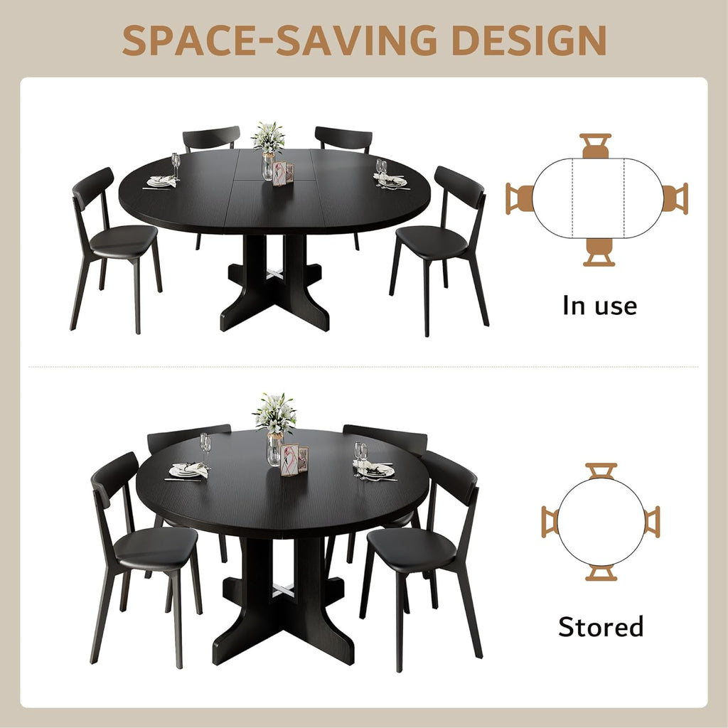 iPormis 59" Extendable Round Dining Table for 4-6, Modern Kitchen Table with Heavy Duty Pedestal Base & Wooden Top, Oval Dinner Table, Dining Room for Dining Living Room, Easy Assembly, Black