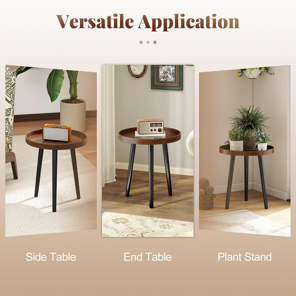 Giantex Round End Table, Mid Century Modern Side Table with Wooden Tray & Bamboo Legs, Sofa Couch Accent Table, Small Coffee Table for Small Space Living Room, Nightstand for Bedroom, Walnut