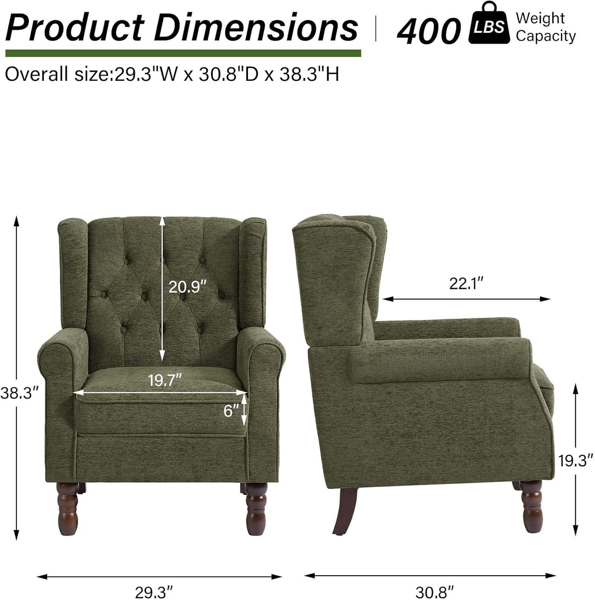 Accent Chair, Upholstered Armchair with Button Tufted High Back & Solid Wood Legs, Comfy Wingback Reading Single Sofa Chair for Small Spaces, Living Room, Bedroom