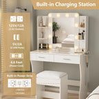 Vabches White Makeup Vanity Desk with Lighted Mirror & Charging Station | 2 Large Drawers，Vanity Mirror 3 Lighting Color Adjustable,Cushioned Stool,Storage Drawers and Shelves