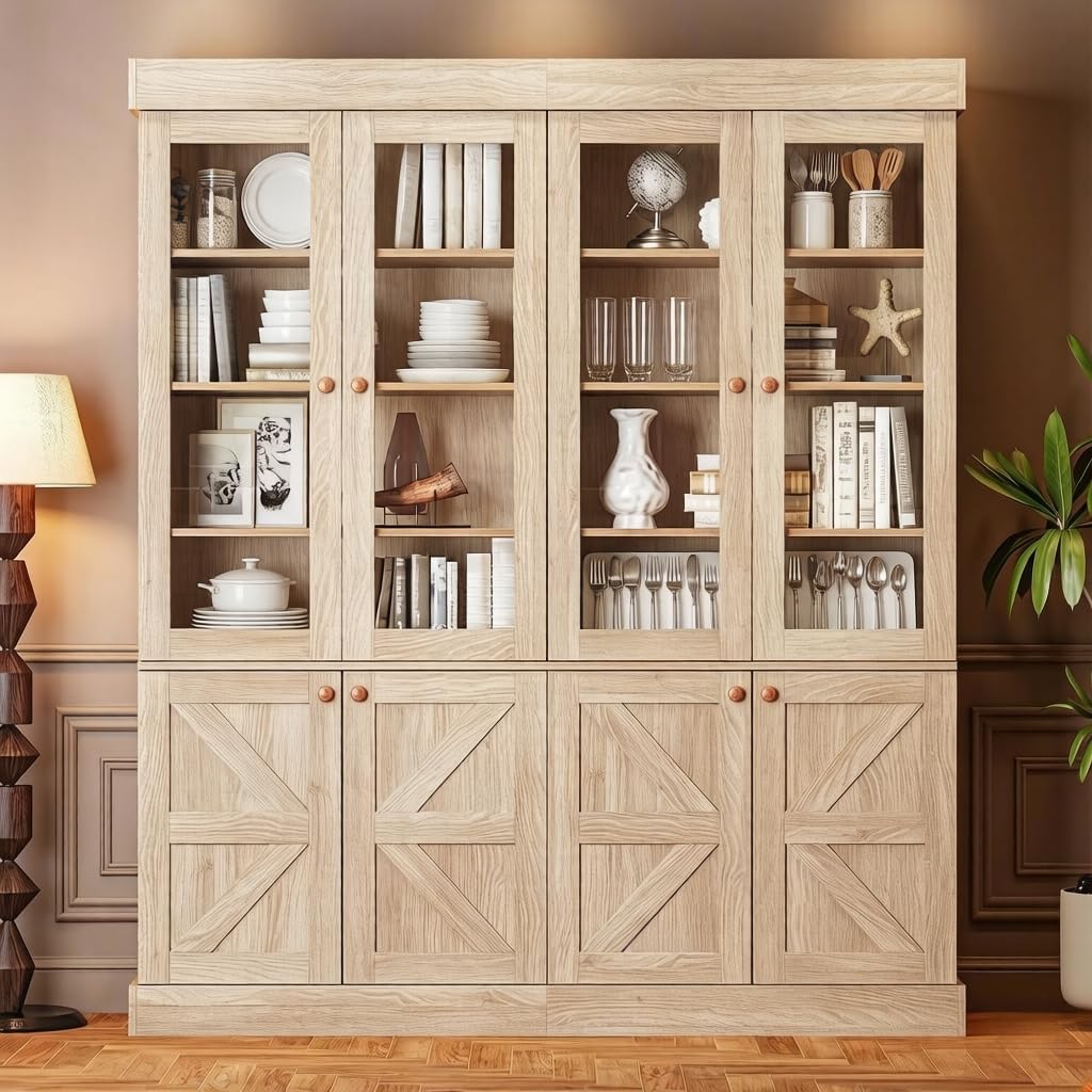 ivaniti 71" Tall Farmhouse Kitchen Pantry, Rustic Brown Wood Storage Cabinet with Glass Doors and Adjustable Shelves, Versatile Hutch for Dining Room, Living Room, Set of 2