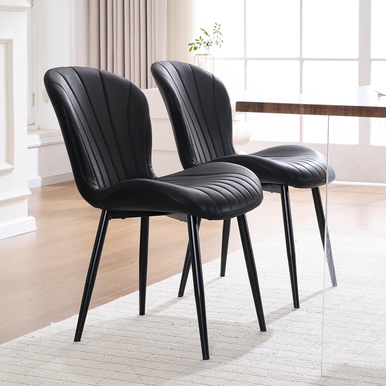 Fabric Dining Chairs Set of 4, Mid Century Modern Kitchen Chairs with Padded Cushion Seat and Metal Legs for Dining Room, Comfy Breathable Upholstered Side Accent Chairs, Black