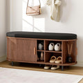 ONBRILL 43" Shoe Bench with Storage, Fluted Shoe Storage Bench with Cushion, Sliding Door and Adjustable Shelf, for Entryway, Hallway, Living Room, Walnut