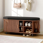 ONBRILL 43" Shoe Bench with Storage, Fluted Shoe Storage Bench with Cushion, Sliding Door and Adjustable Shelf, for Entryway, Hallway, Living Room, Walnut