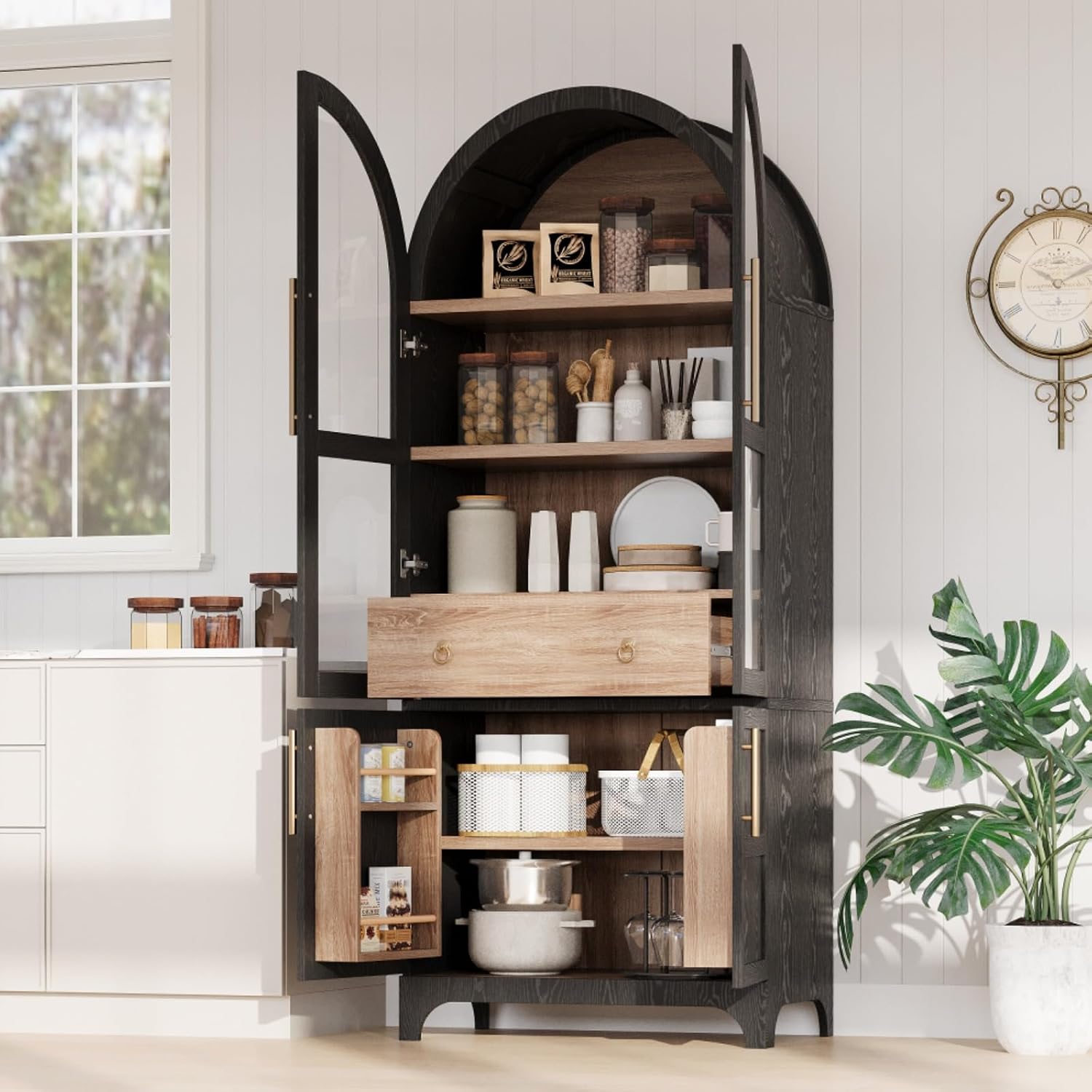 Hassyee Arched Kitchen Pantry Cabinet with Door Shelves, Farmhouse Kitchen Storage Cabinet with Open & Adjustable Shelves, Hidden Drawer & Glass Door, Cupboard for Kitchen, Dining Room (Black)