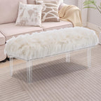 Modern White Faux Fur Ottoman Bench - Upholstered Furry Bench with Acrylic Legs for Bedroom, Living Room, Entryway, Vanity or Bed End