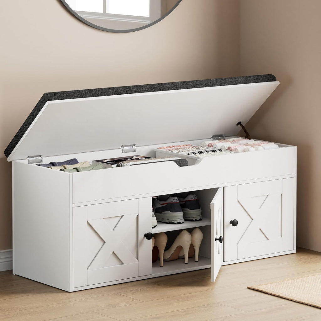 Homleke Shoe Storage Bench with Lift Top & 3 Barn Doors | Entryway Bench with Removable Cushion, Adjustable Shelf & Hidden Storage, for Hallway, Living Room & Bedroom, White