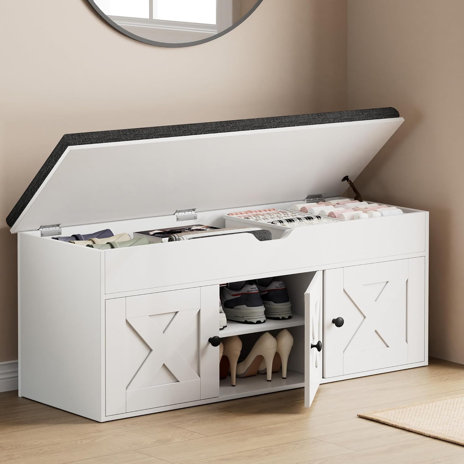 Homleke Shoe Storage Bench with Lift Top & 3 Barn Doors | Entryway Bench with Removable Cushion, Adjustable Shelf & Hidden Storage, for Hallway, Living Room & Bedroom, White