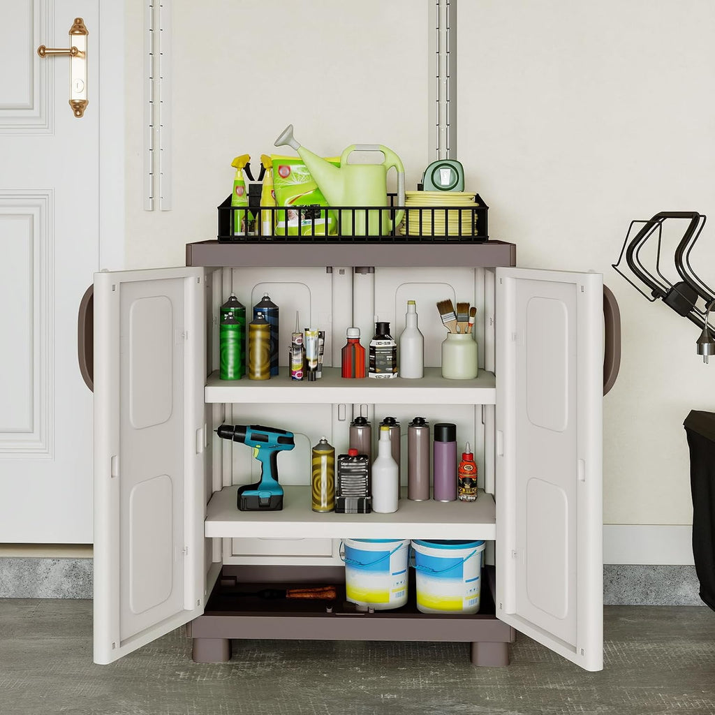 GIANTEX Storage Cabinet with 2 Doors and Adjustable Shelves, Modern Plastic Base Garage Organizer, Floor Sideboard for Kitchen, Dining Room, Bathroom (Wide-29"x19"x37",White+Brown)