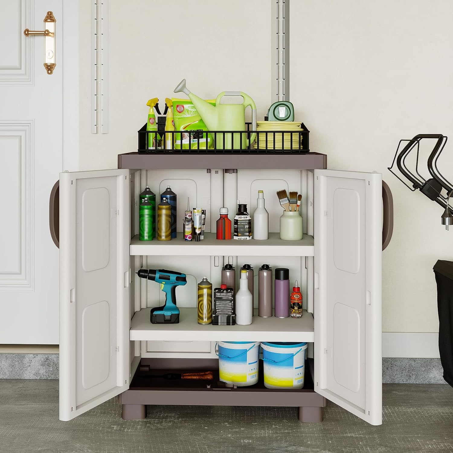 GIANTEX Storage Cabinet with 2 Doors and Adjustable Shelves, Modern Plastic Base Garage Organizer, Floor Sideboard for Kitchen, Dining Room, Bathroom (Wide-29"x19"x37",White+Brown)