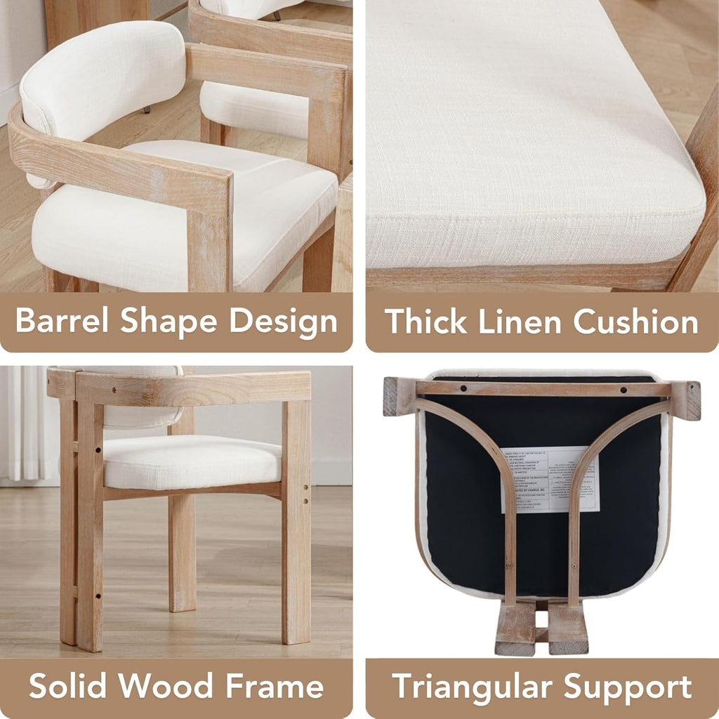 chairus Modern Barrel Dining Chairs Set of 4, Linen Upholstered Dining Room Chairs with Arm & Curved Back, Farmhouse White Washed Natural Wooden Side Kitchen Chairs, Beige Fabric