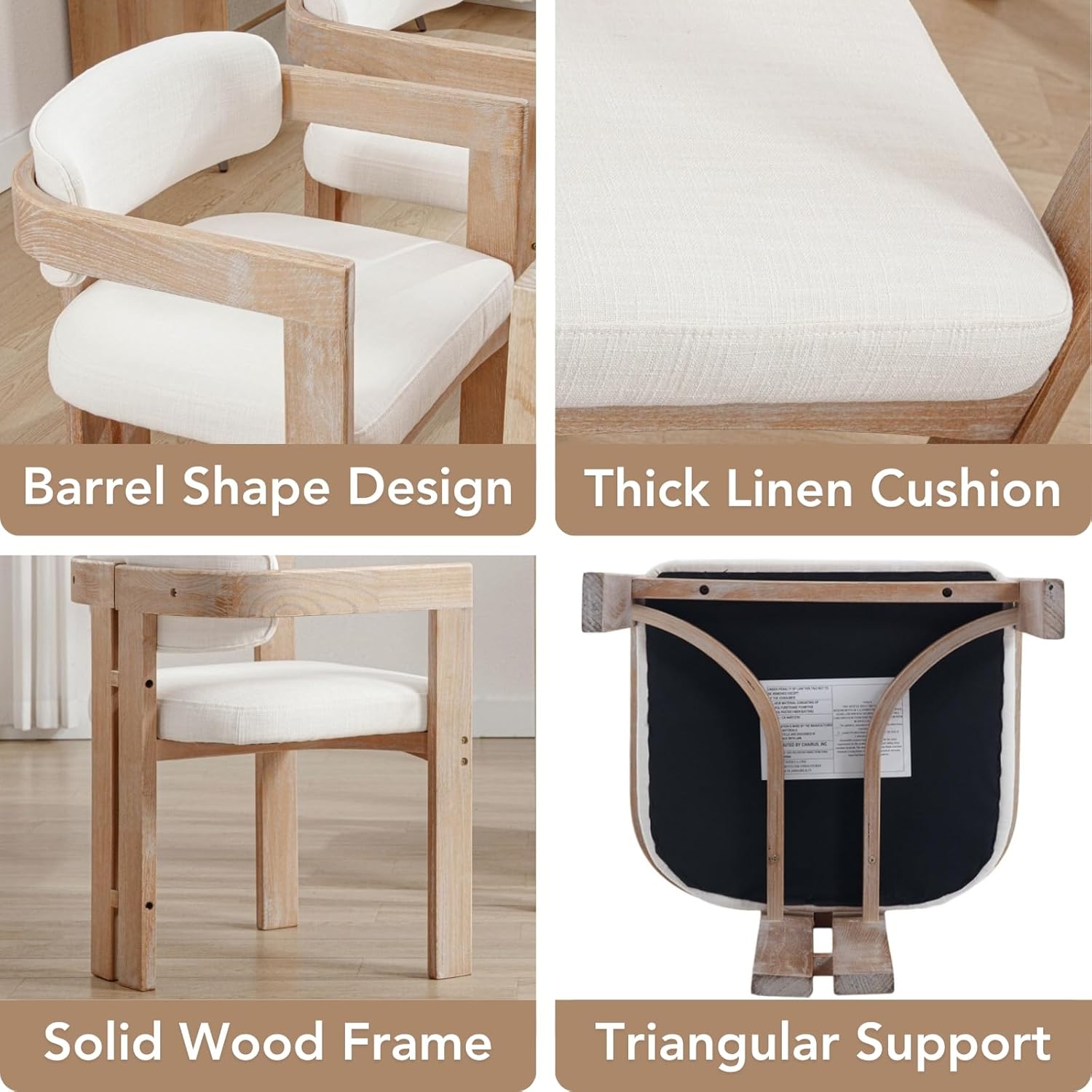chairus Modern Barrel Dining Chairs Set of 4, Linen Upholstered Dining Room Chairs with Arm & Curved Back, Farmhouse White Washed Natural Wooden Side Kitchen Chairs, Beige Fabric