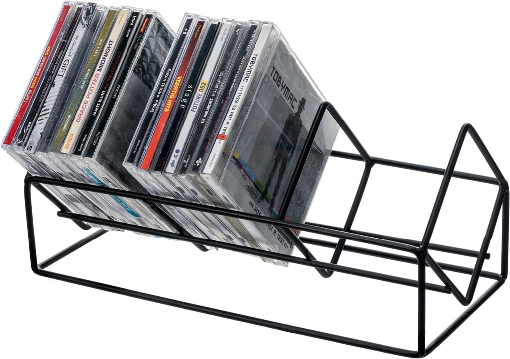 MyGift 3 Slot CD Holder, 30 Capacity Black Metal Media Organizer Rack | Three-slot stand stores up to 30 jewel cases for CDs, DVDs, and video games in a compact tabletop design