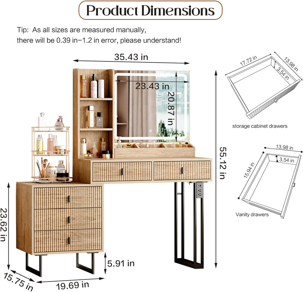 Large Vanity Desk with 3 Color Touch Screen Dimming Mirror, Vanity Desk with Charging Station, Modern Retractable Makeup Dressing Table, Makeup Table With storage shelves and 5 Sliding Drawers, Wood