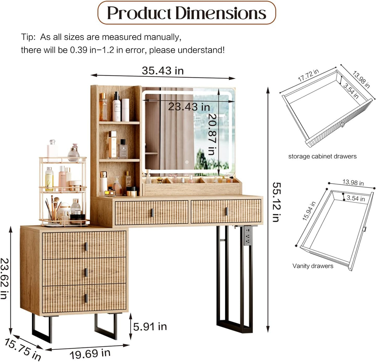 Large Vanity Desk with 3 Color Touch Screen Dimming Mirror, Vanity Desk with Charging Station, Modern Retractable Makeup Dressing Table, Makeup Table With storage shelves and 5 Sliding Drawers, Wood