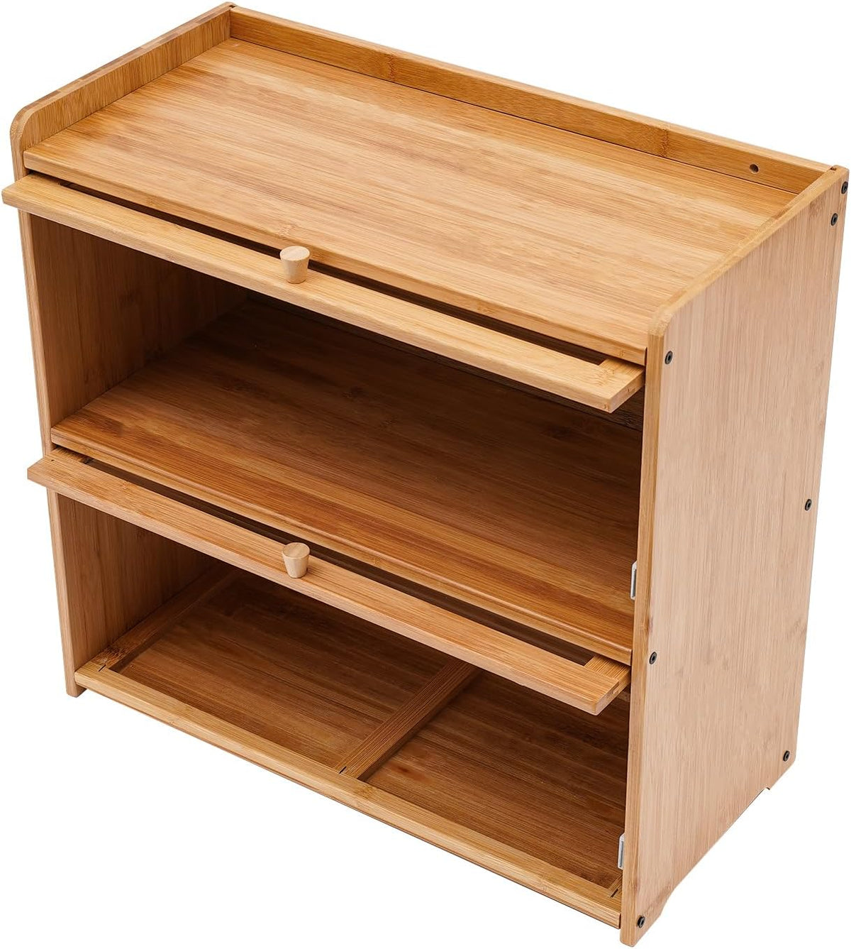 2 Tier Bamboo Countertop Pantry, Kitchen Countertop Flatware Storage Cabinet with 2 Sliding Striped Clear Door Stoppers, Fully Sealed Cutlery Organizer for Condiments, Plates, Bowls
